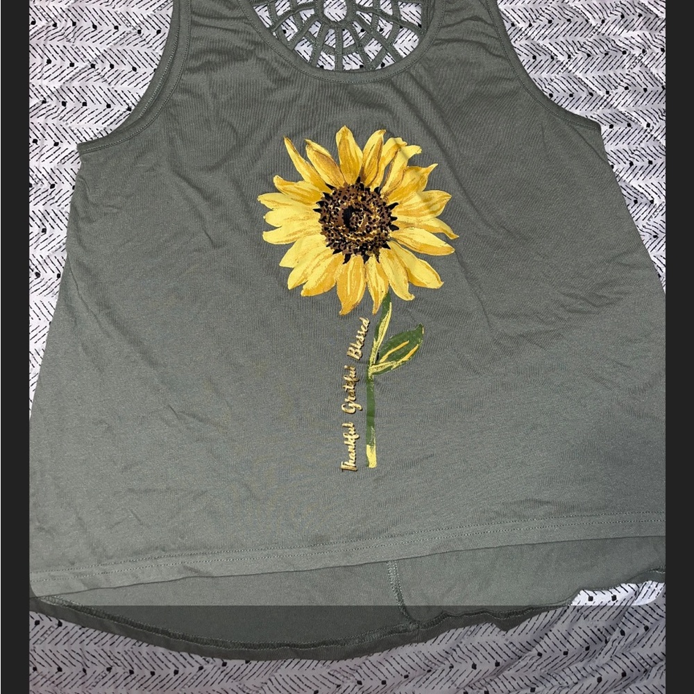 Sunflower Embroidered Olive Green Tank Top